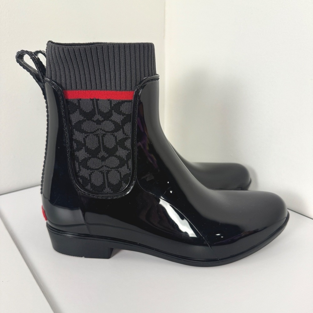 Women's Coach Rivington Rain Booties Black Rubber Boots Sz 7 Slip On - Picture 2 of 15